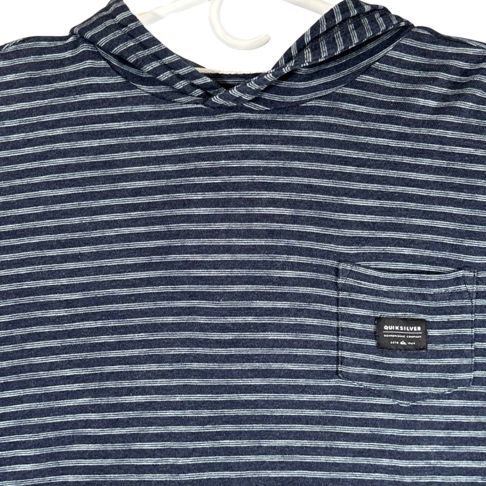 Quiksilver Boys XL 16 Navy Blue Striped Hooded Long Sleeve Cotton Shirt Pocket